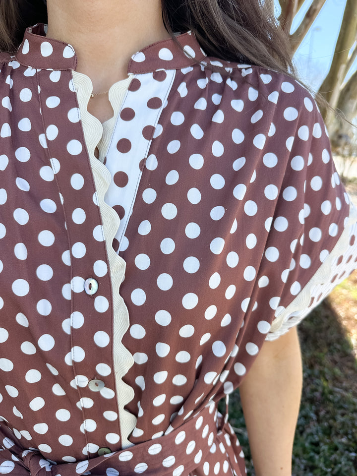 Cocoa Polkadot Belted Dress