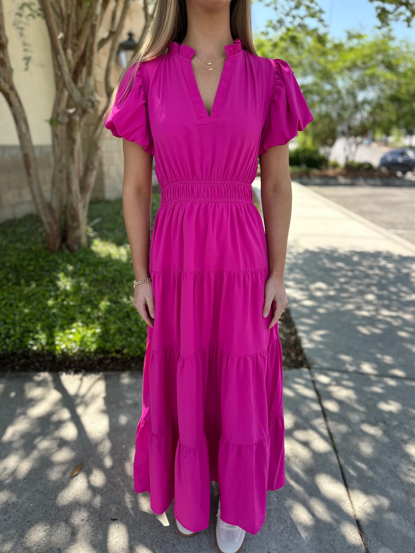 Jade Tiered Puff Sleeve Maxi - Magenta