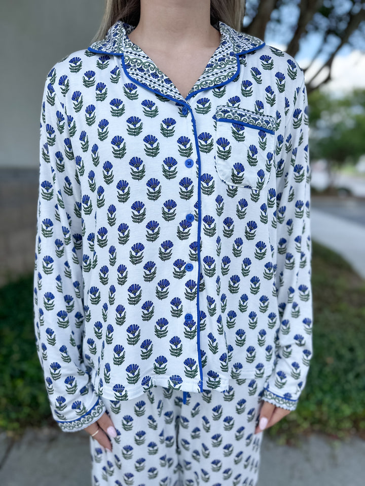 Charlotte Floral Foulard Pajama Pant Set - Navy