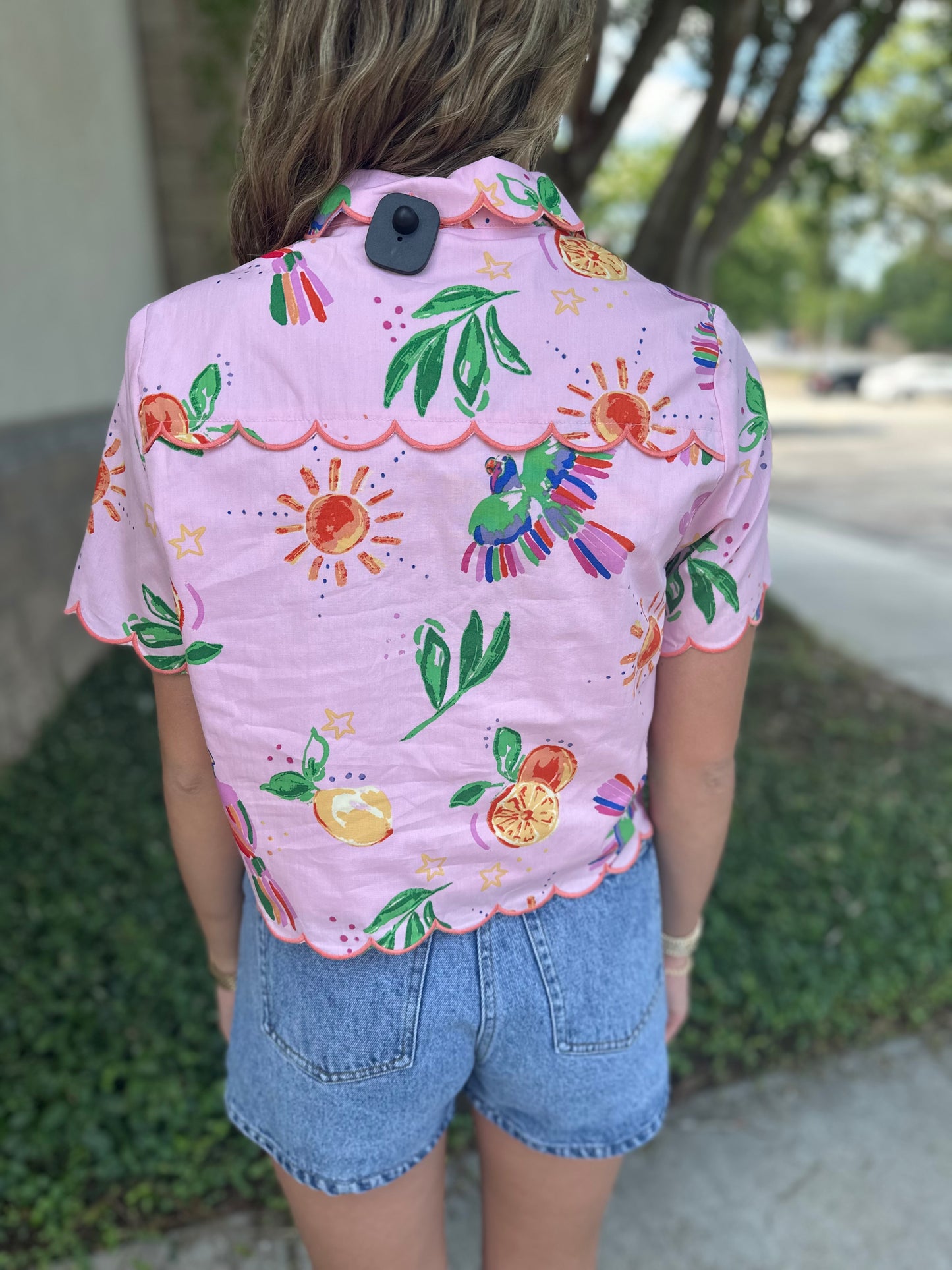 Toucan Fruit Scallop Button Top