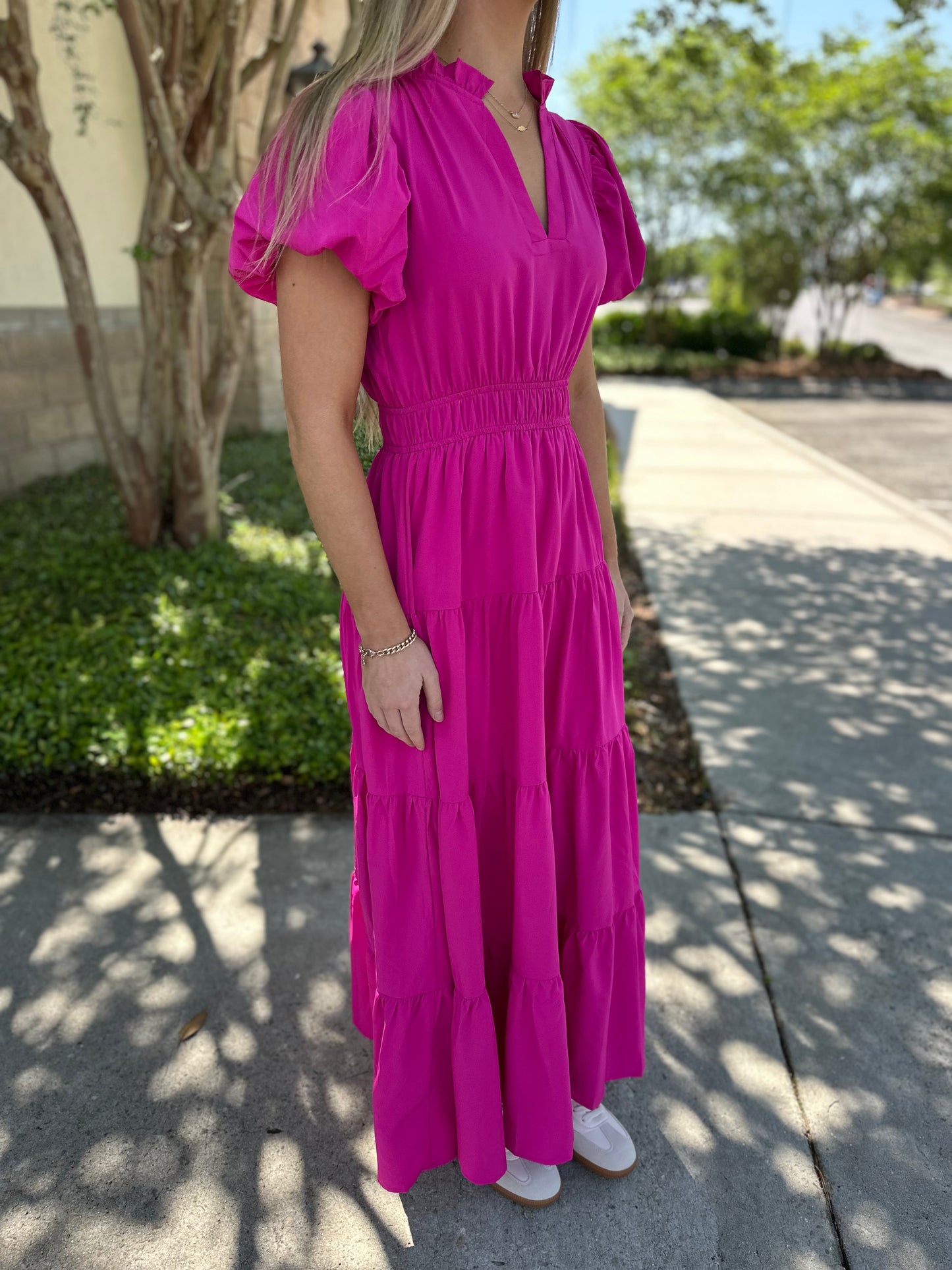 Jade Tiered Puff Sleeve Maxi - Magenta