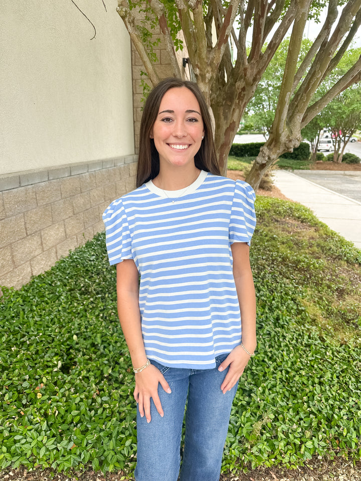Larissa Pleat Sleeve Tee - Blue & White
