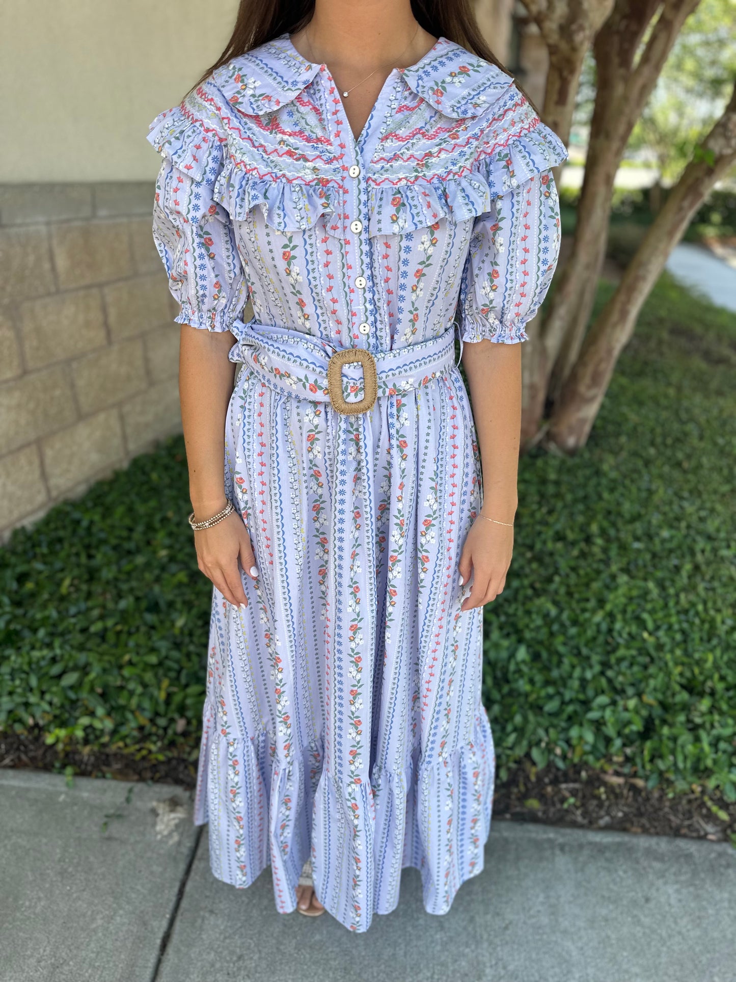 French Floral Vine Belted Maxi Dress