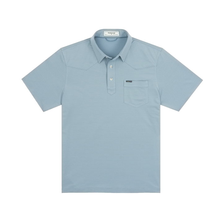 Poncho Men’s “The Wide Open” Regular Performance Polo - Blue & Washed Blue Stripe