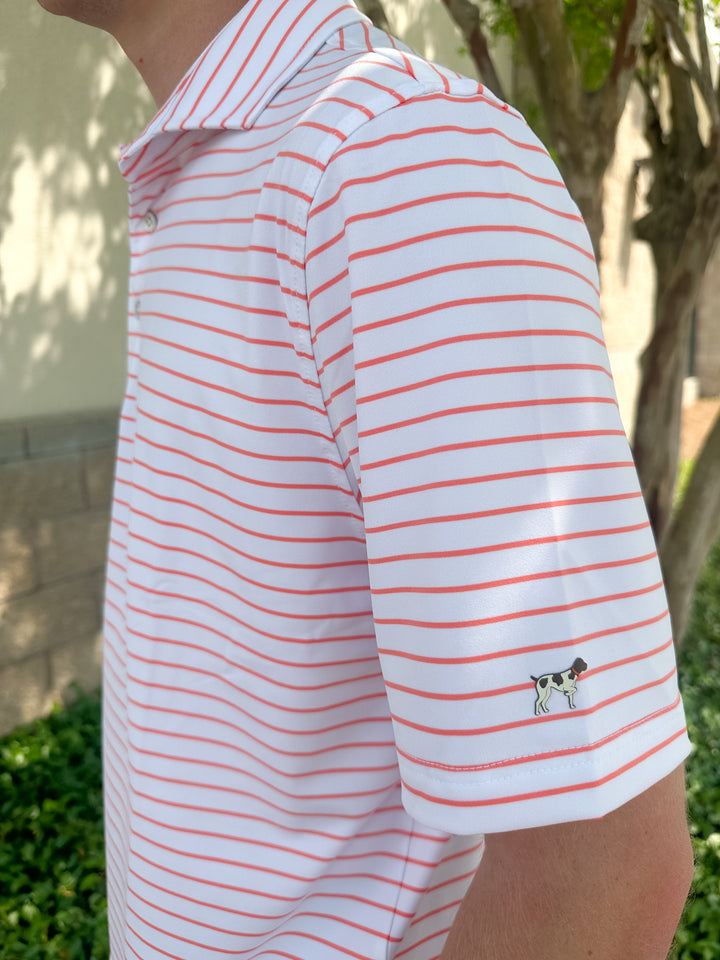 SPC Men’s Horizon Stripe Performance Polo - White/Coral