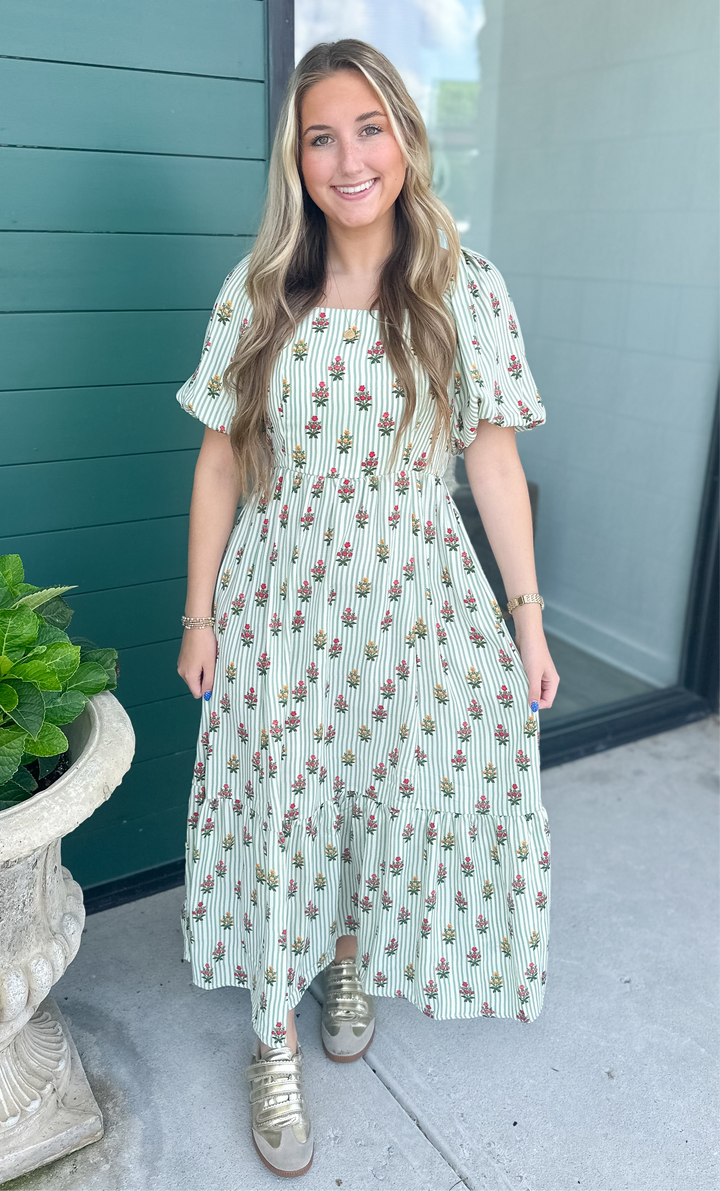 Alexi Dress - Cottage Stripes Green