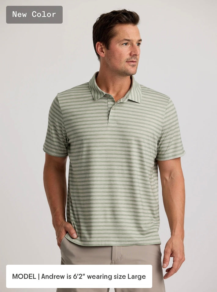 Free Fly Men’s Elevate Polo - Smooth Sailing Stripe Heather Desert Sage