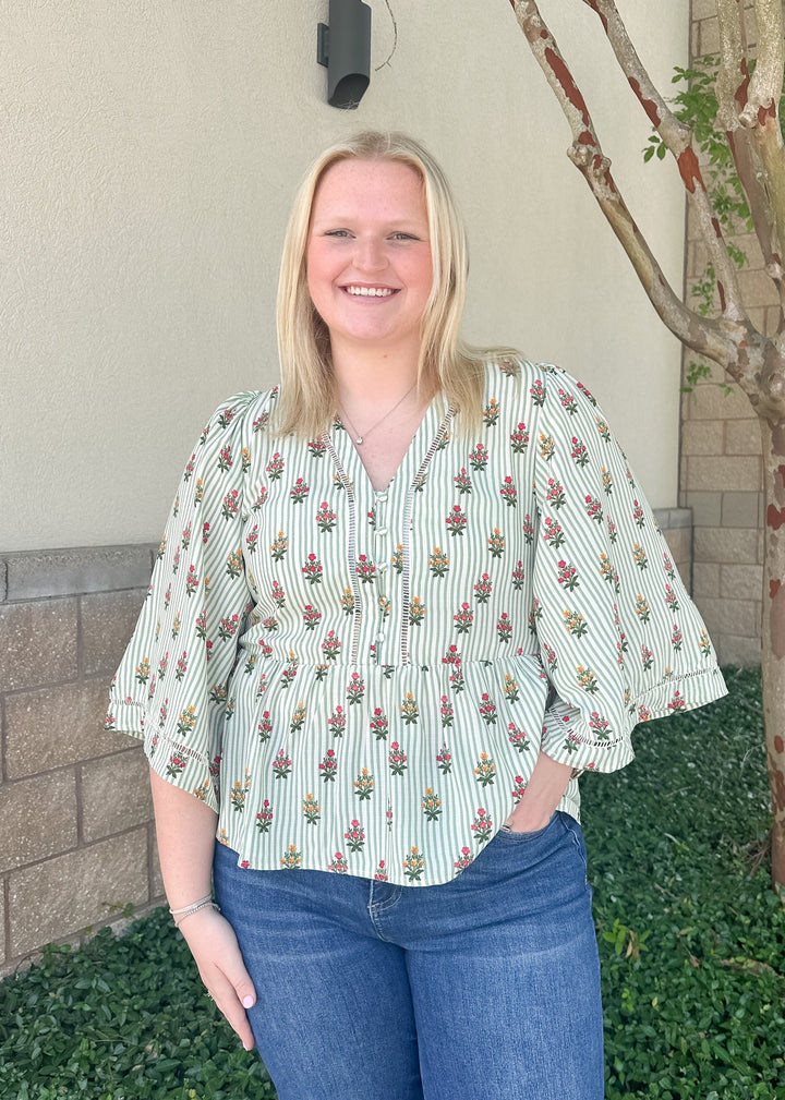 Monroe Top - Cottage Stripes Green