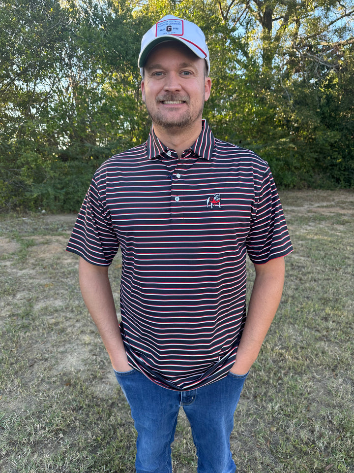 Onward Reserve UGA Fairway Stripe Standing Bulldog Performance Polo - Black
