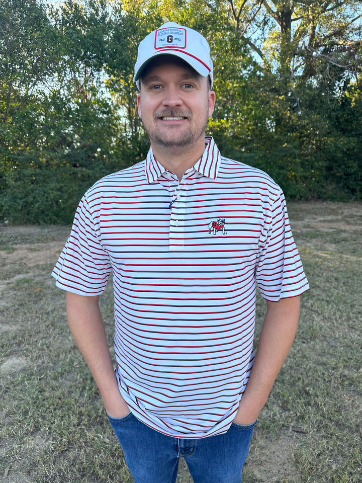 Onward Reserve UGA Fairway Stripe Standing Bulldog Performance Polo - White