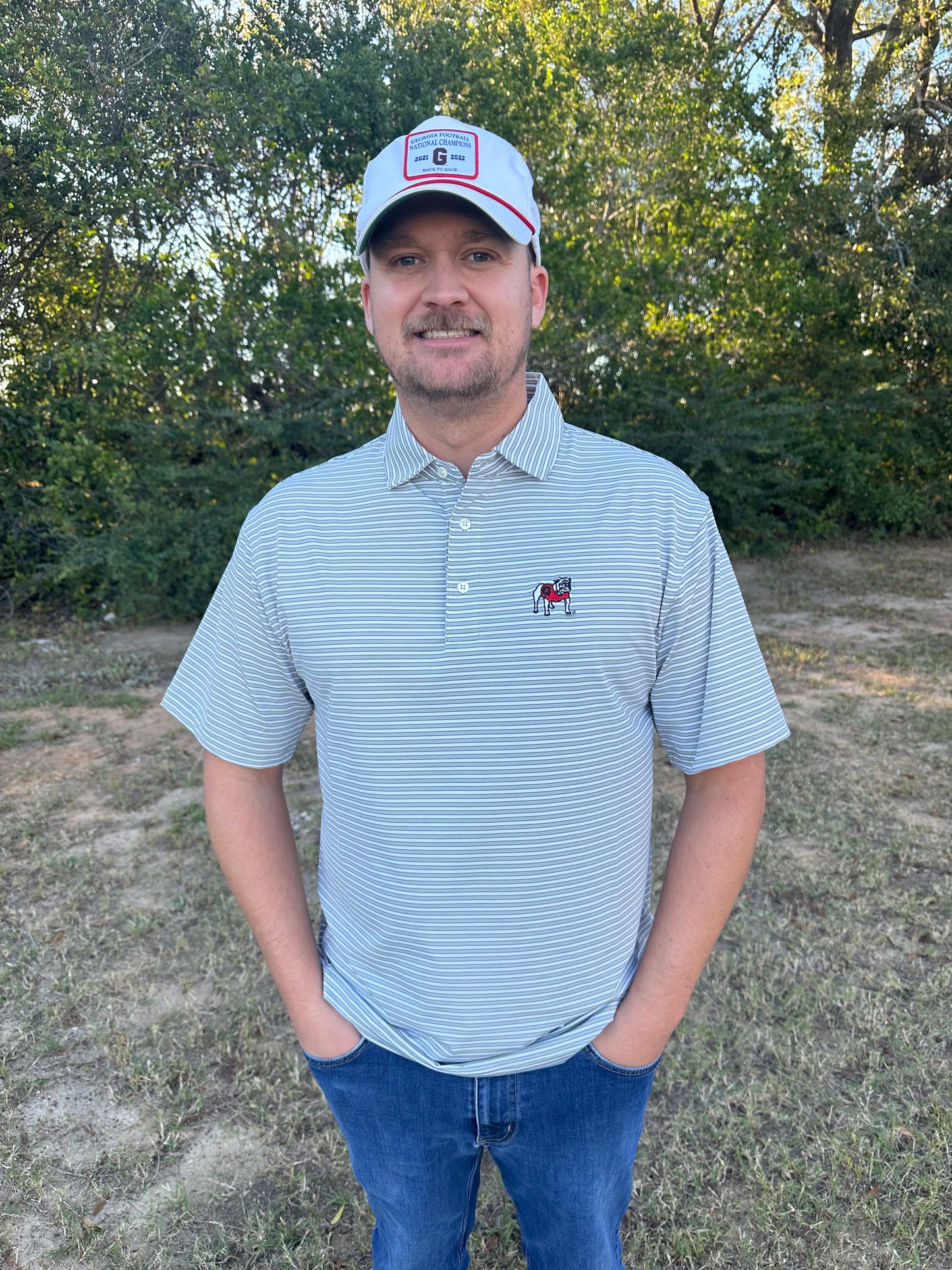 Onward Reserve UGA Mulligan Stripe Standing Bulldog Performance Polo - Mirage Grey