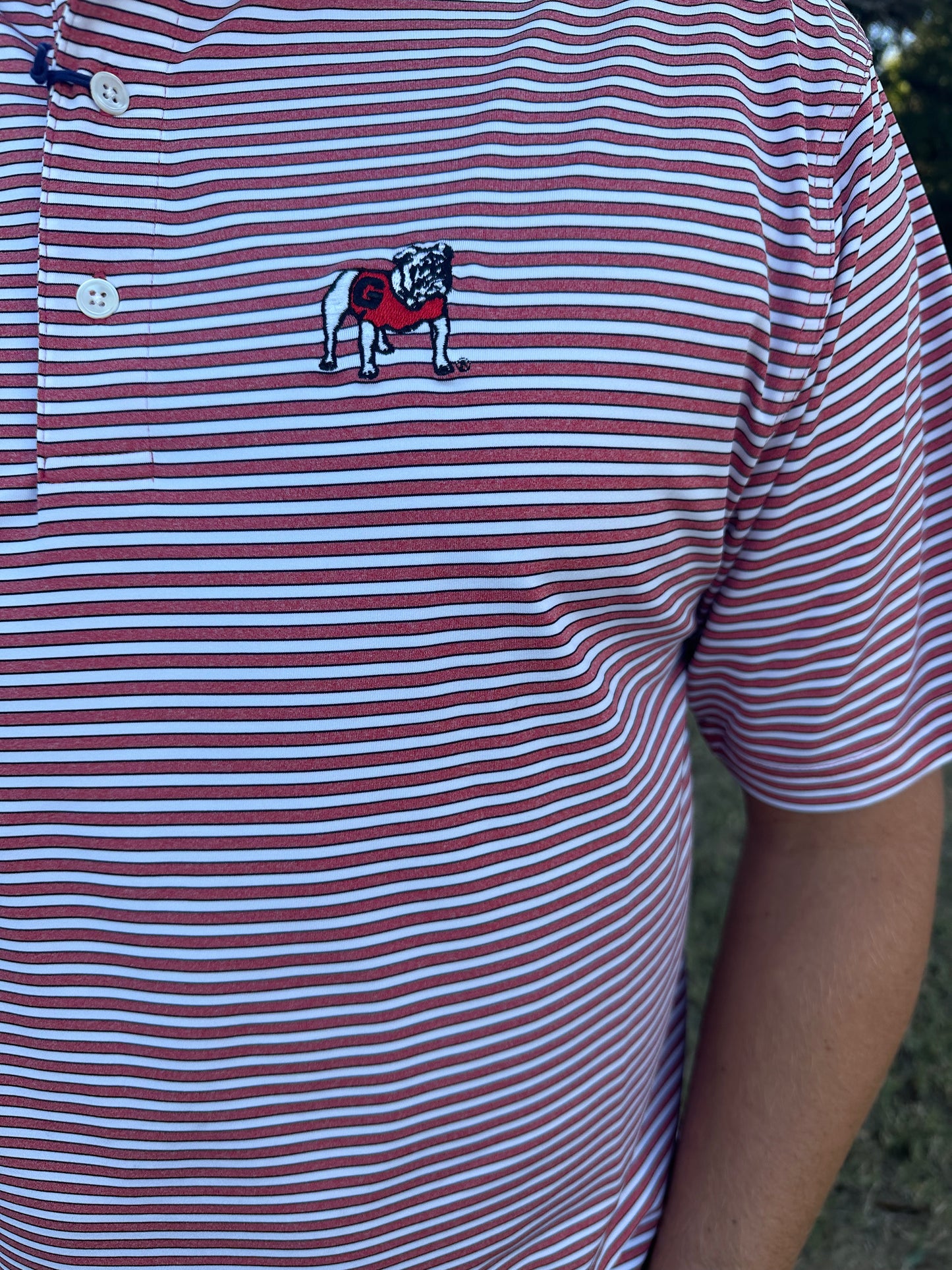 Onward Reserve UGA Mulligan Stripe Standing Bulldog Performance Polo - Heather Red