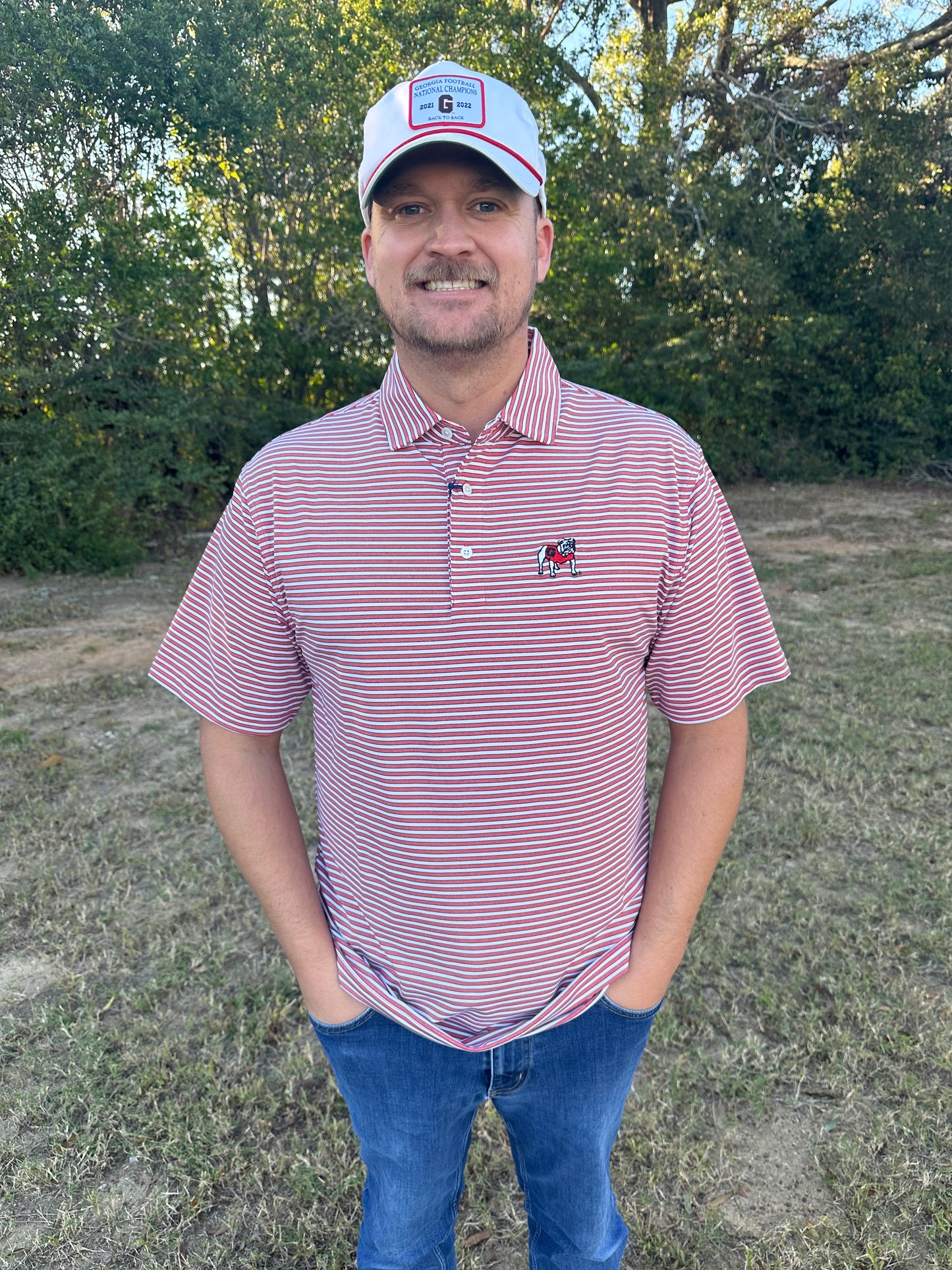 Onward Reserve UGA Mulligan Stripe Standing Bulldog Performance Polo - Heather Red