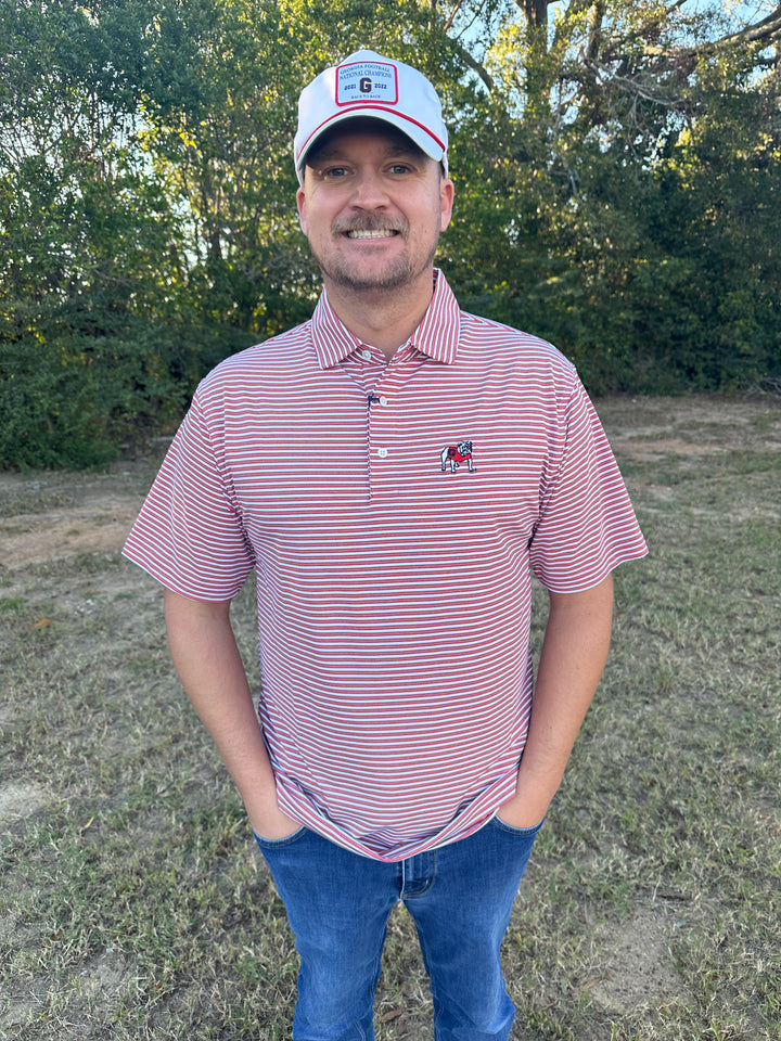 Onward Reserve UGA Mulligan Stripe Standing Bulldog Performance Polo - Heather Red