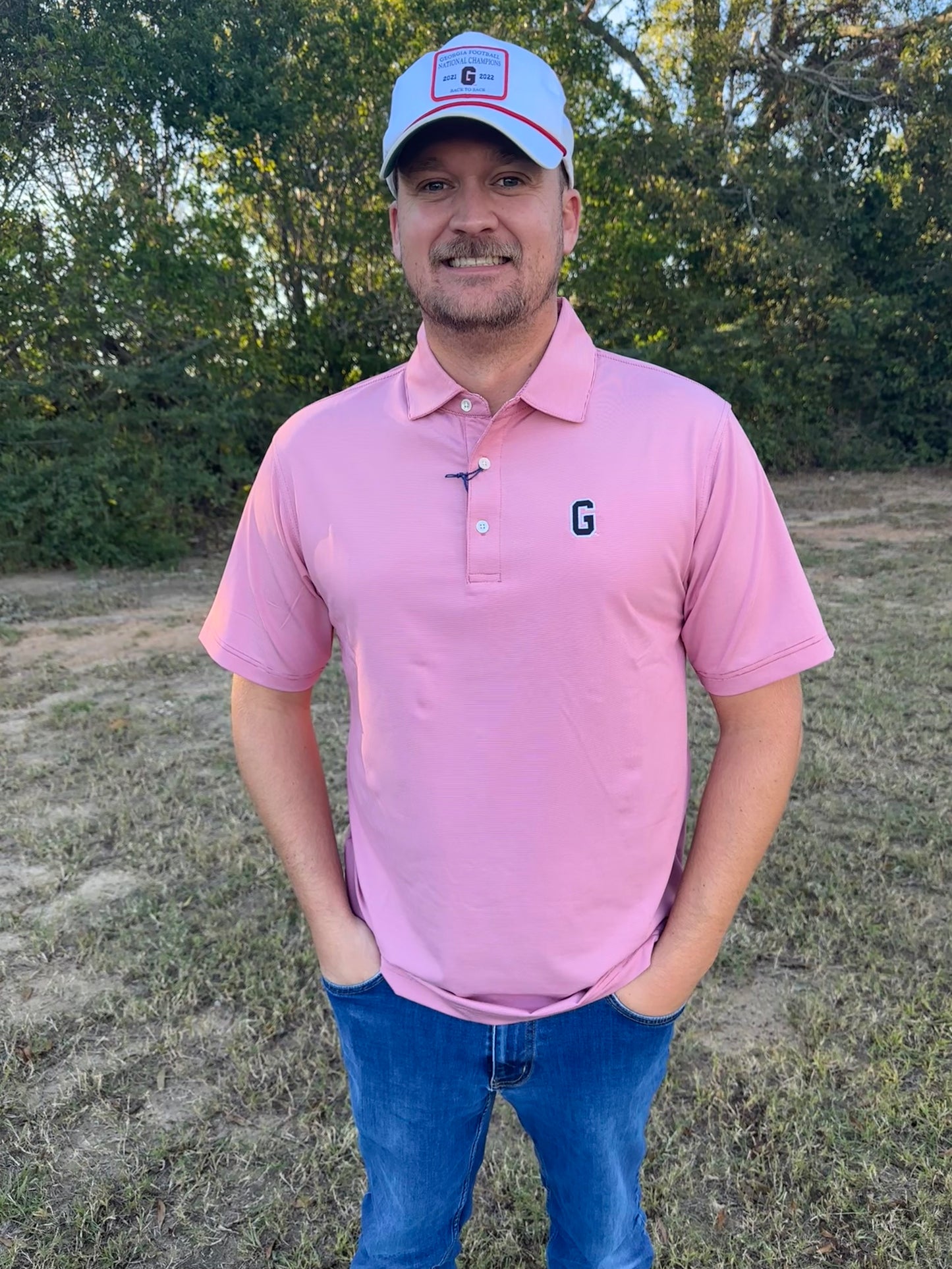 Onward Reserve UGA Hairline Stripe Vintage G Performance Polo - Red
