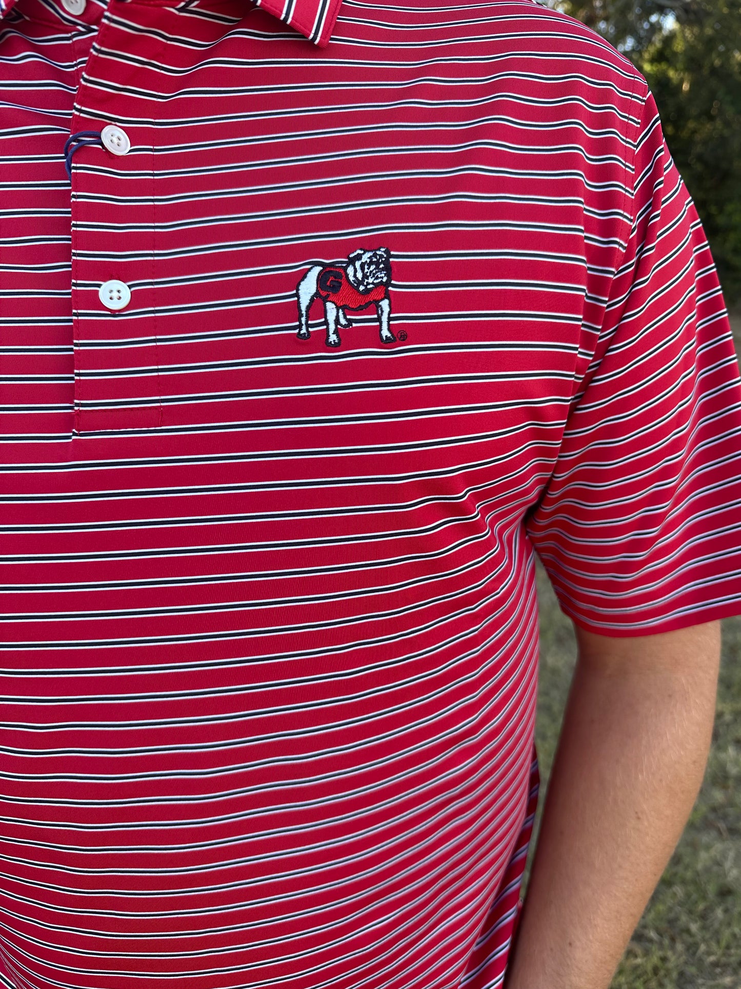 Onward Reserve UGA Standing Bulldog Eagle Stripe Performance Polo - Red