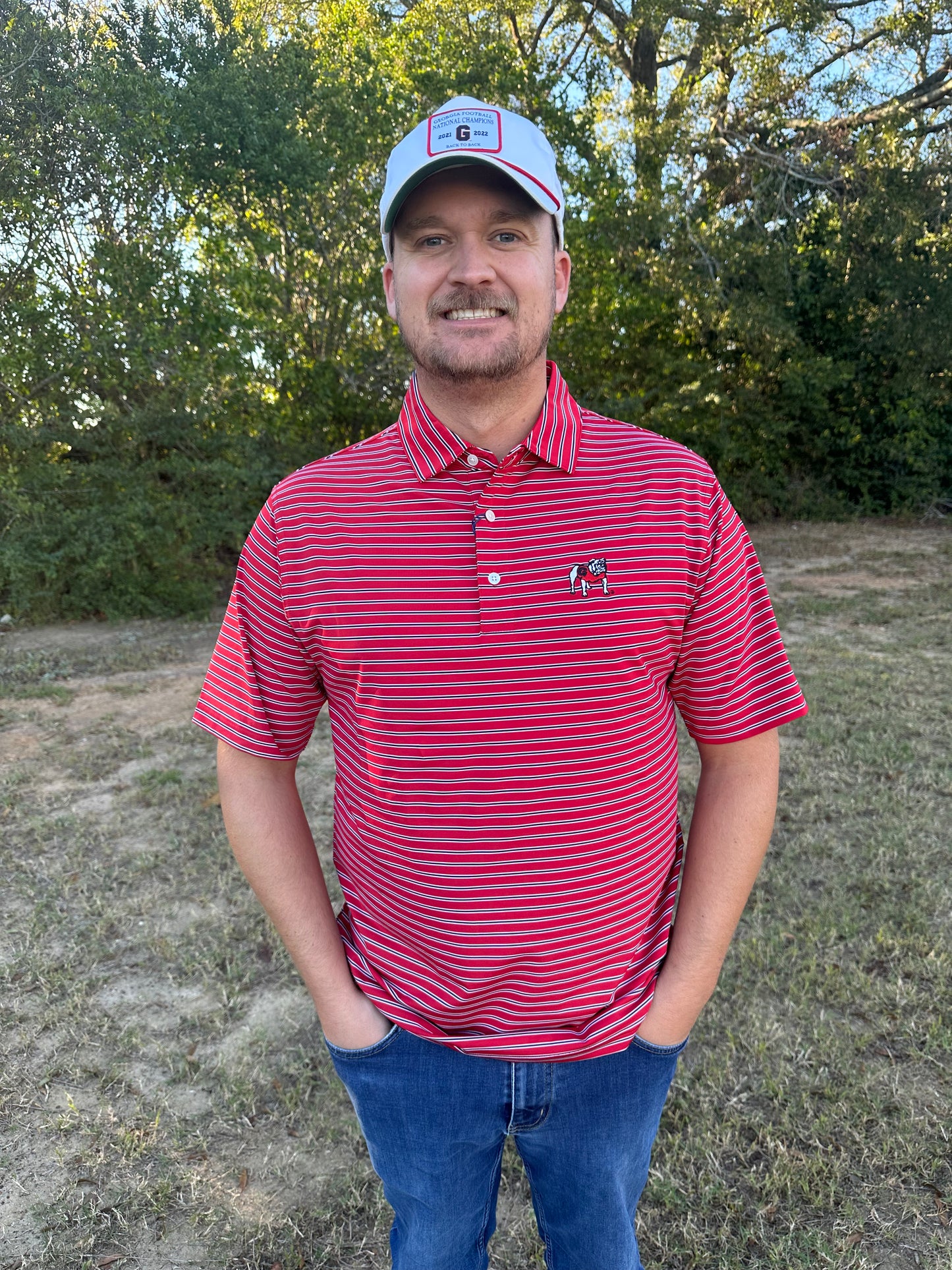 Onward Reserve UGA Standing Bulldog Eagle Stripe Performance Polo - Red