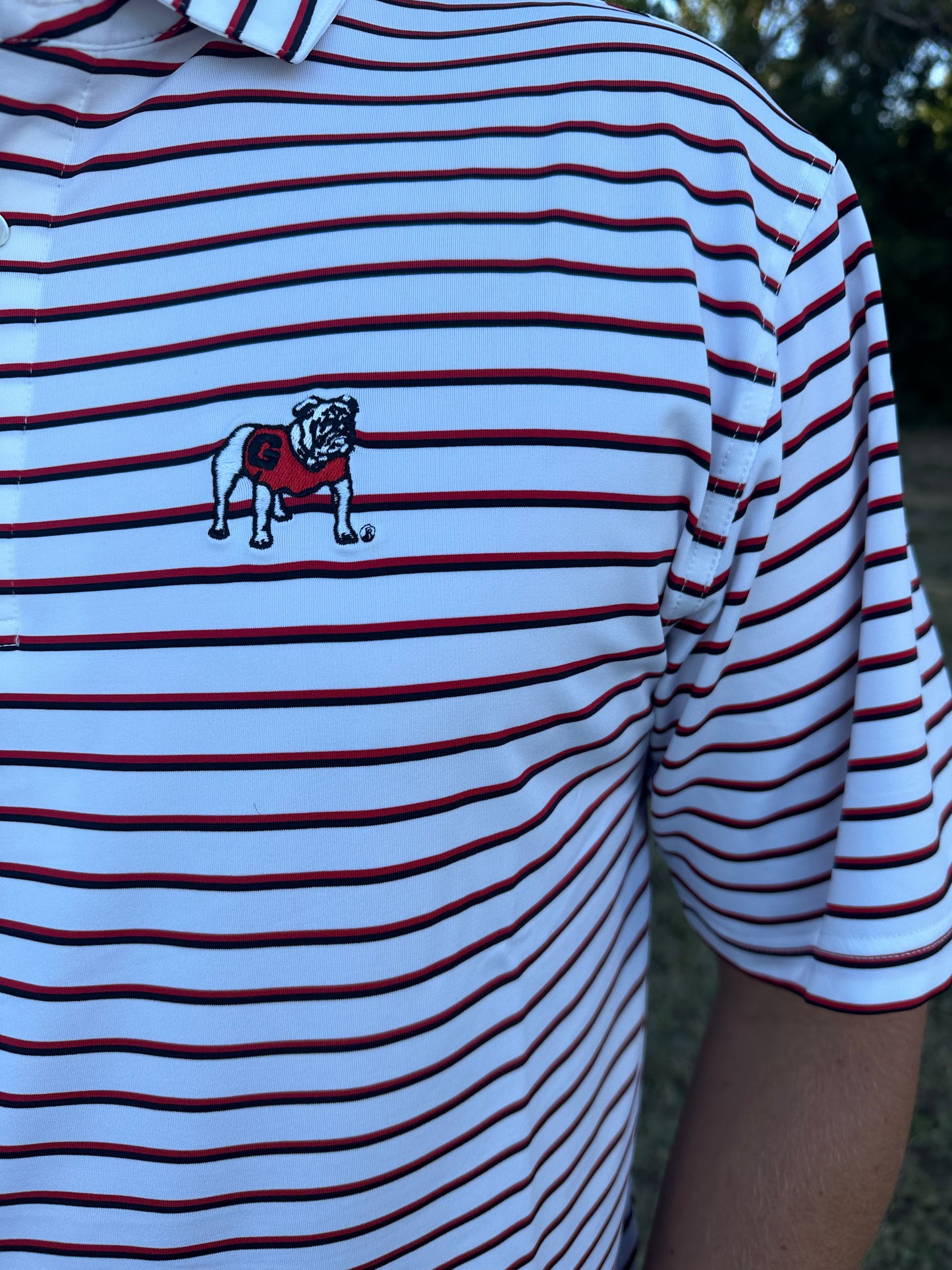 Onward Reserve UGA Fairway Stripe Standing Bulldog Performance Polo - White