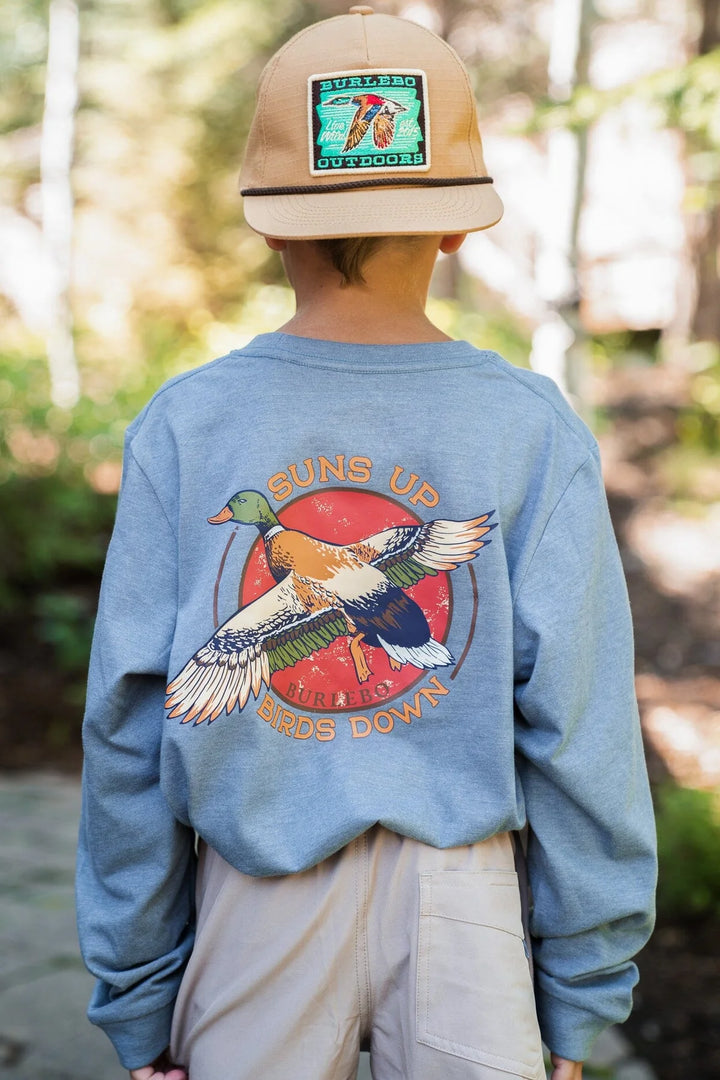 Burlebo Youth Tee - Suns Up Birds Down - Heather Blue Jean - L/S