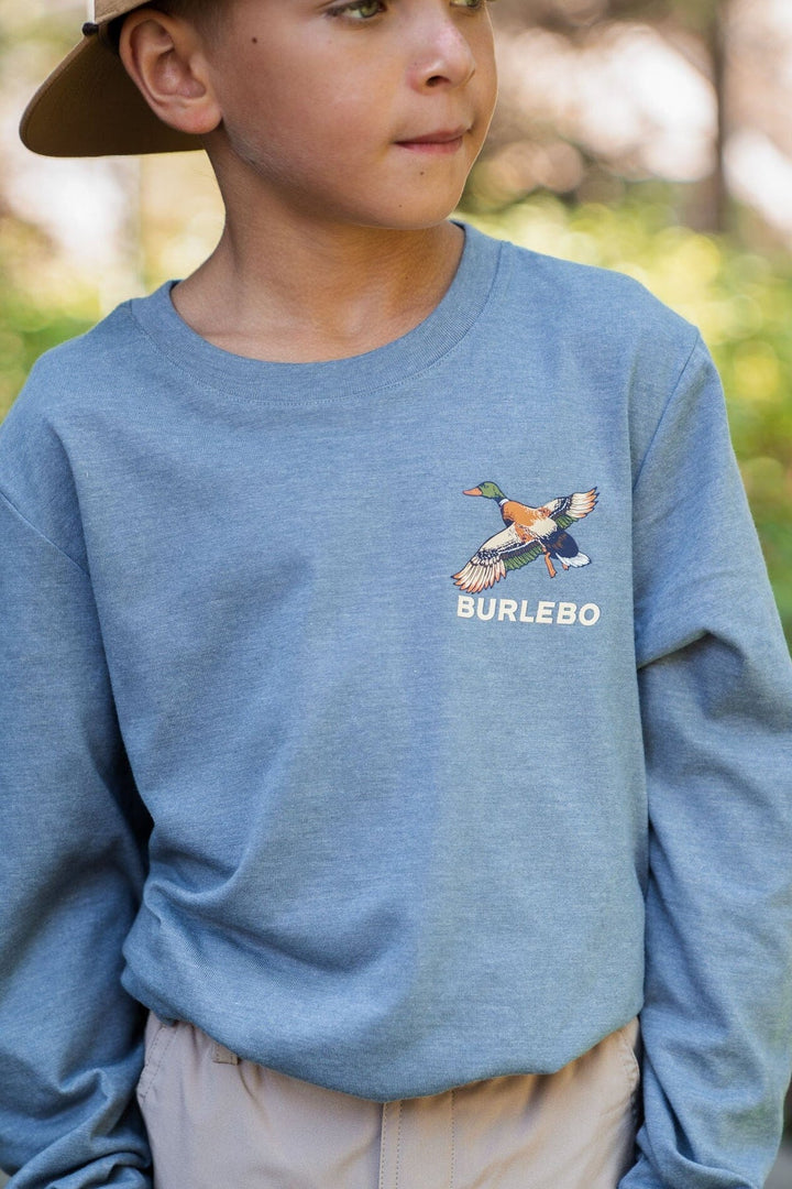Burlebo Youth Tee - Suns Up Birds Down - Heather Blue Jean - L/S