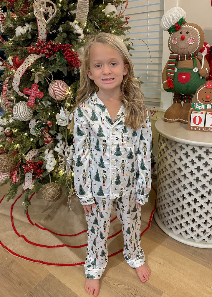 J. Marie Youth Satin Pajama Set - Christmas Trees & Nutcrackers