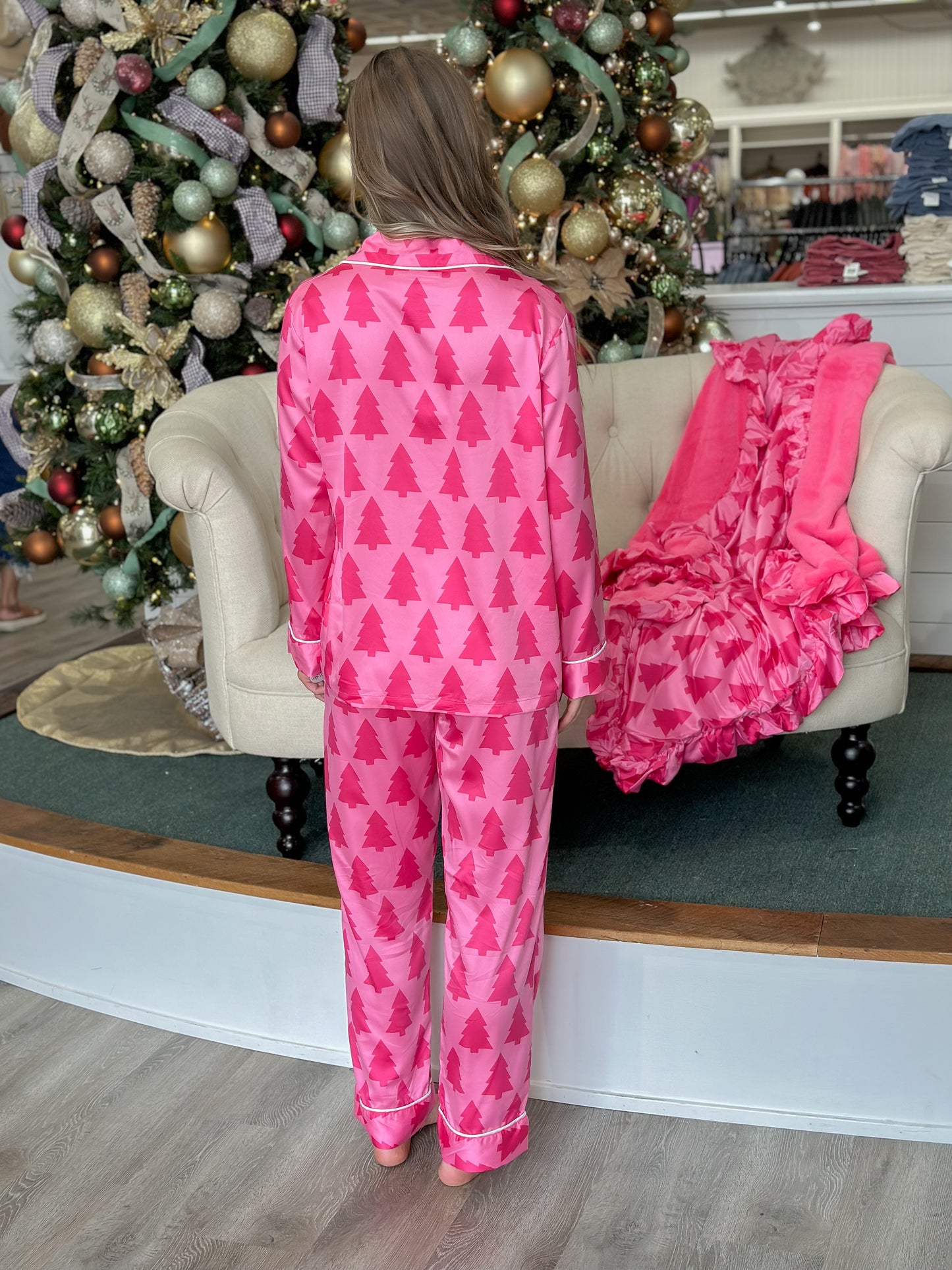J. Marie Satin Pajama Set - Pink Christmas