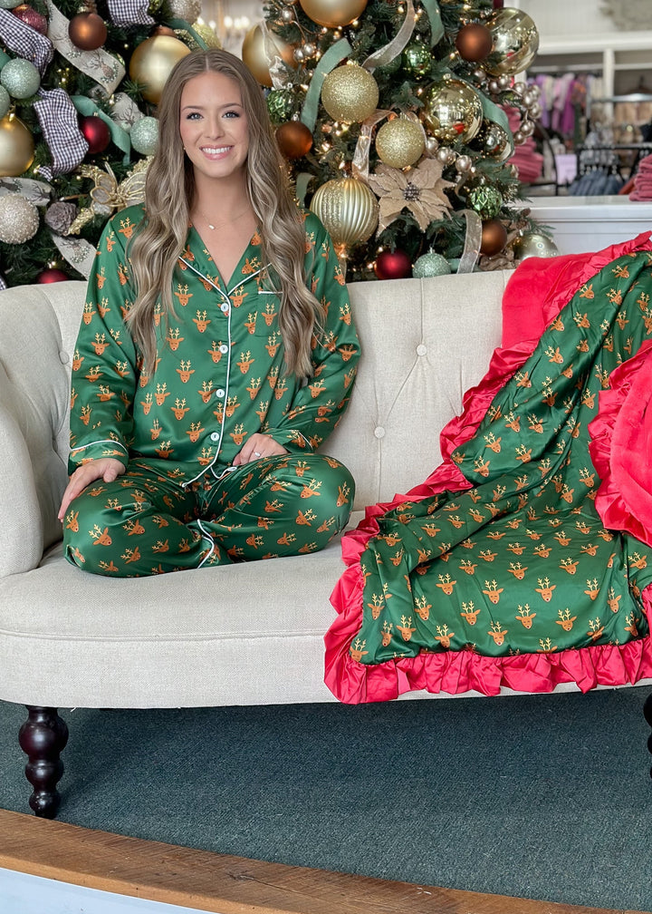 J. Marie Satin Pajama Set- Dark Green with Rudolph