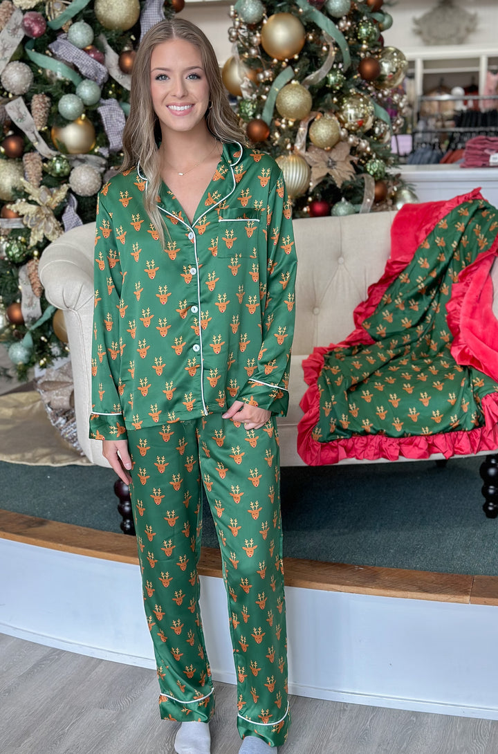 J. Marie Satin Pajama Set- Dark Green with Rudolph
