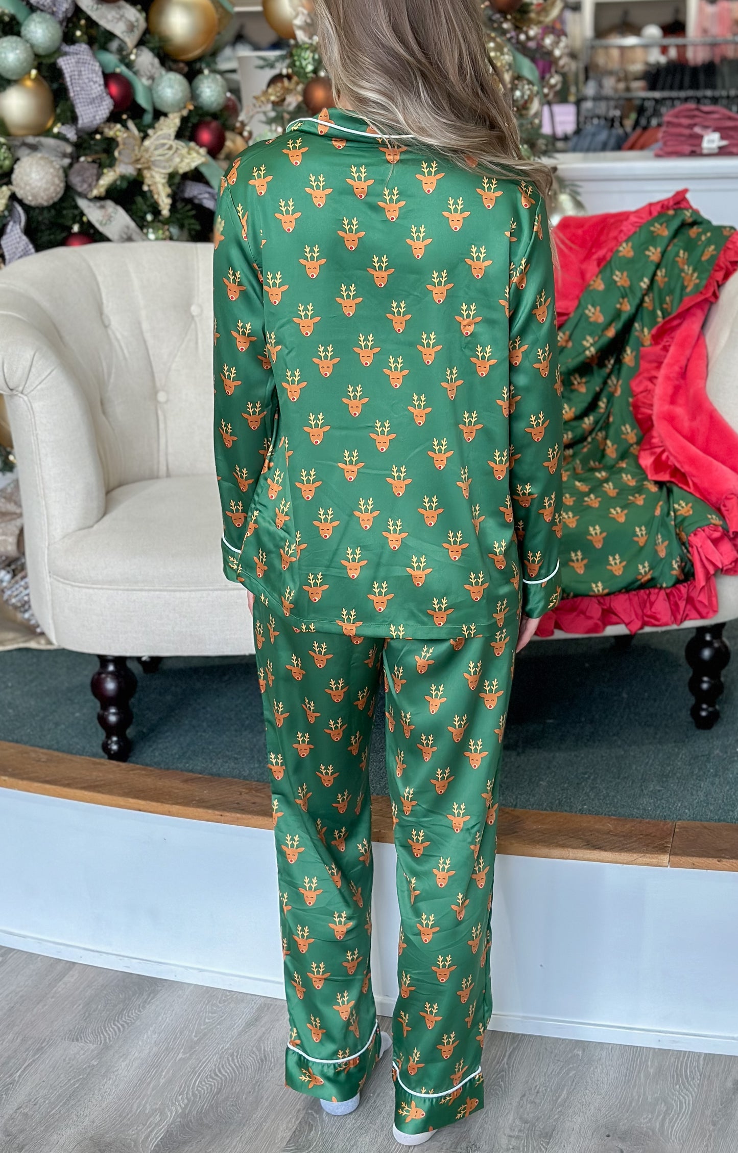 J. Marie Satin Pajama Set- Dark Green with Rudolph