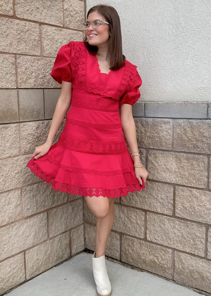 McKenna Lace Trim Dress Red