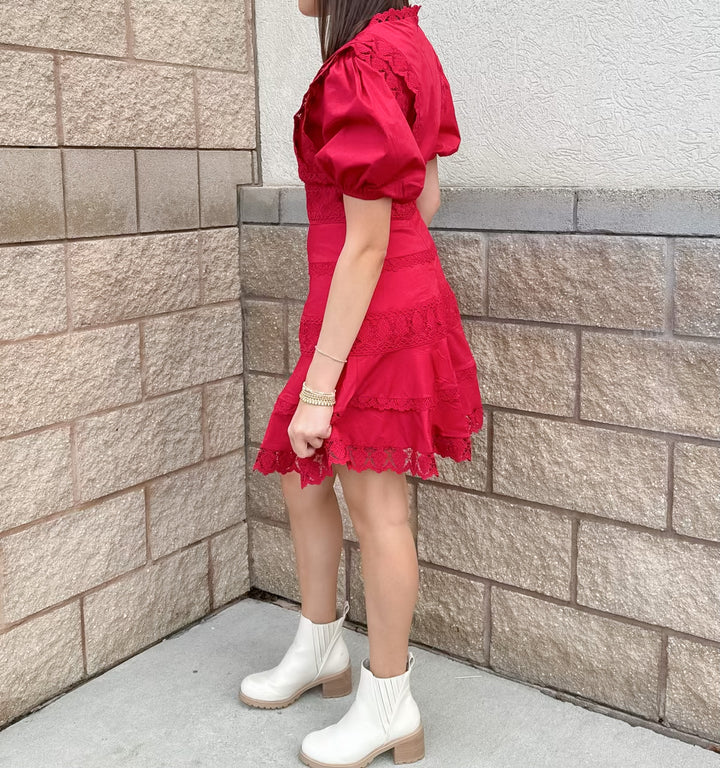 McKenna Lace Trim Dress Red