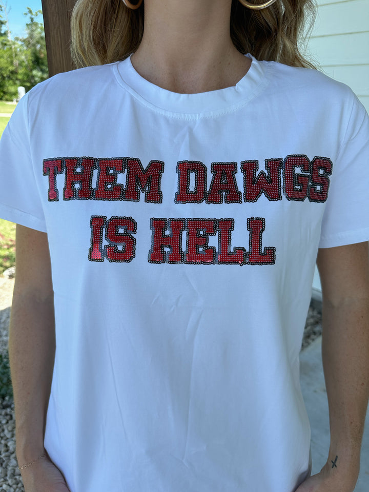 Them Dawgs is Hell Sequin Tee-White