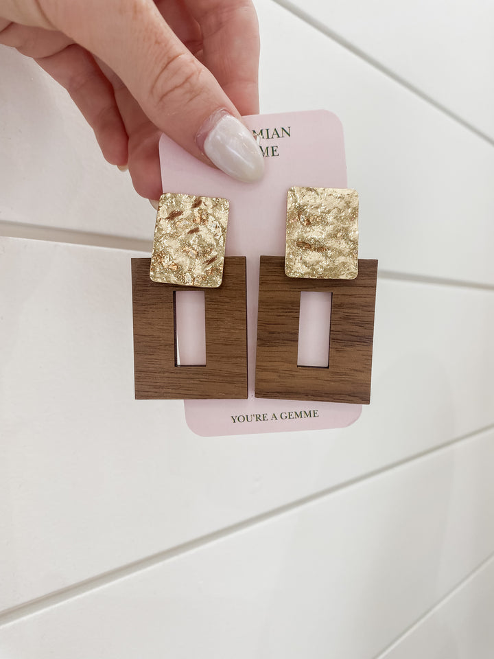 Rectangle Wooden and Gold Earrings