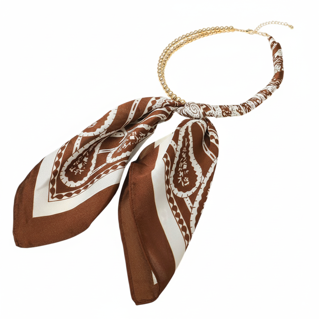 Scarf and Gold Bead Necklace - Brown