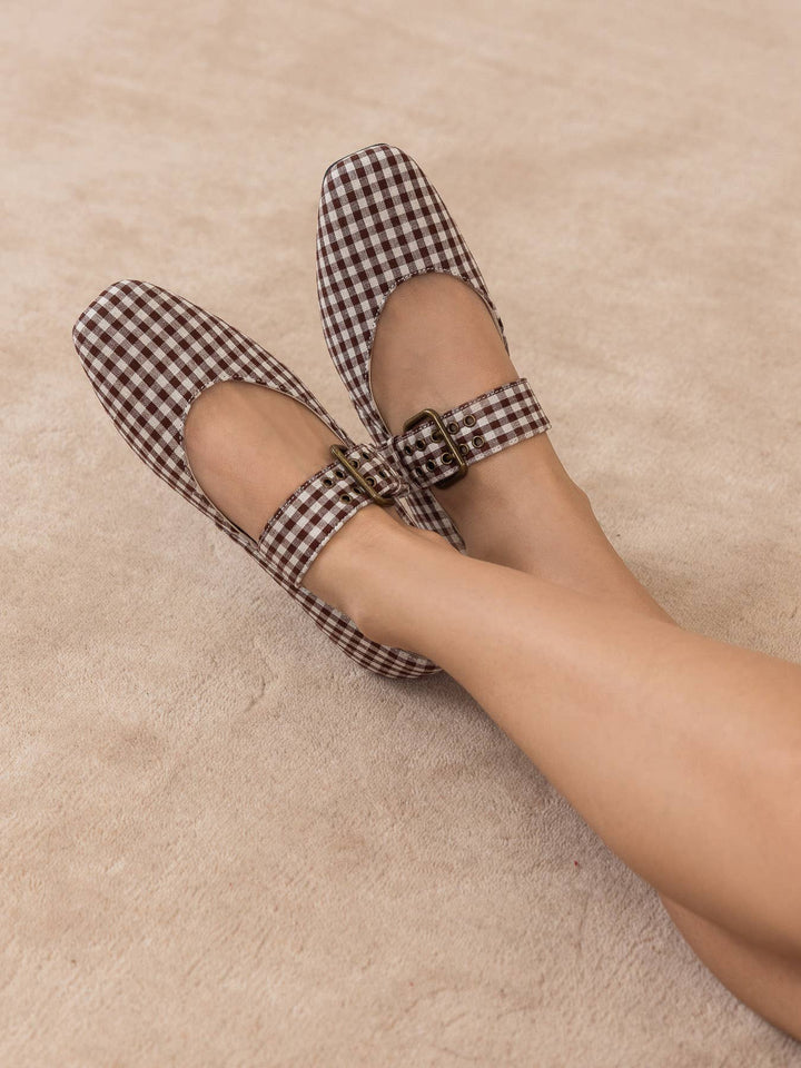 The Soho | Coffee Gingham Ballet Fall Flat Studded Buckle