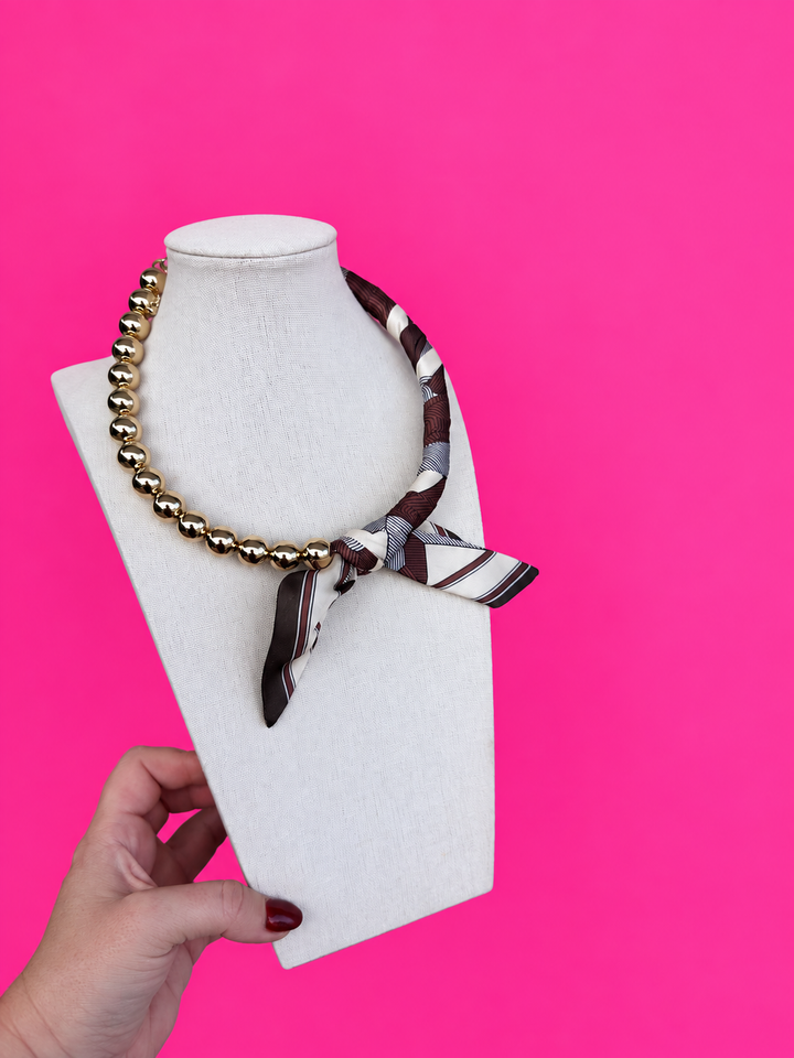 Scarf and Statement Gold Bead Necklace - Brown and White