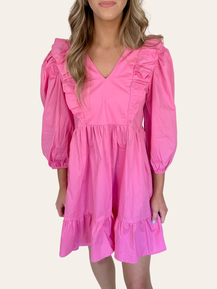 Solid Poplin Ruffle Dress: Pink