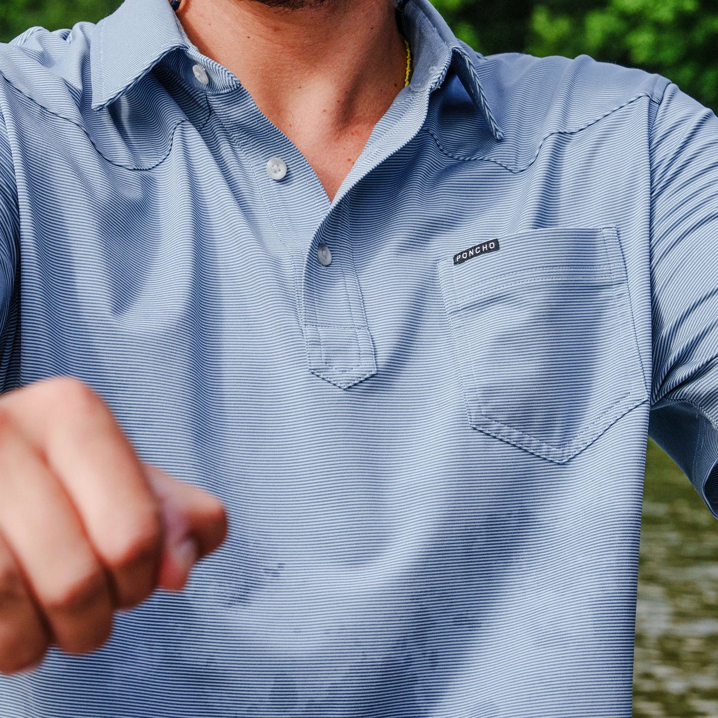 Poncho Men’s “The Wide Open” Regular Performance Polo - Blue & Washed Blue Stripe
