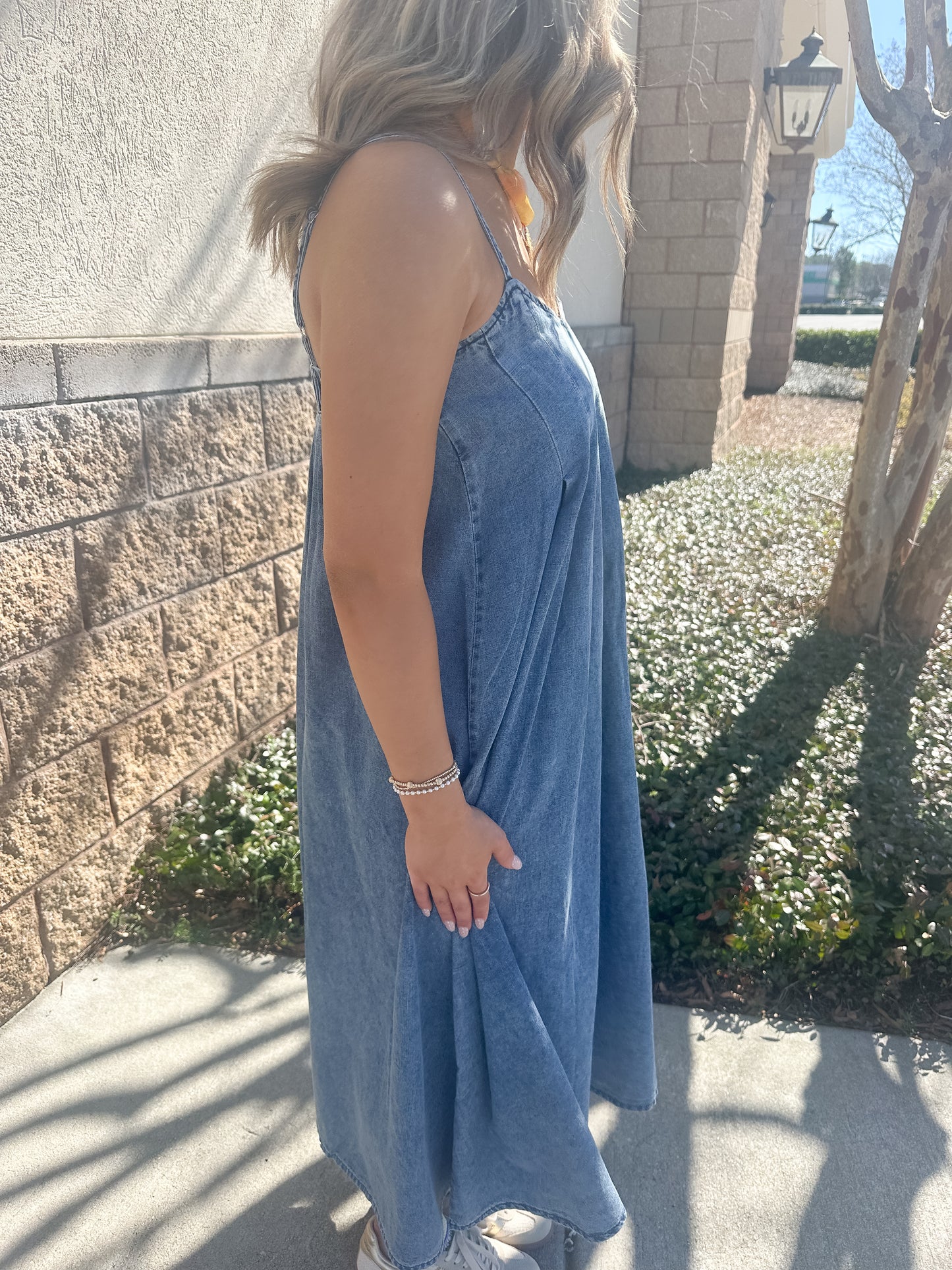 Blue Ridge Denim Pleated Midi Dress