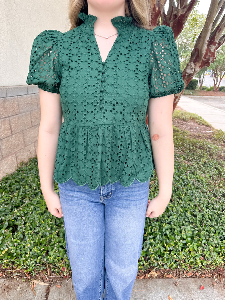 Elise Eyelet Top - Dark Green