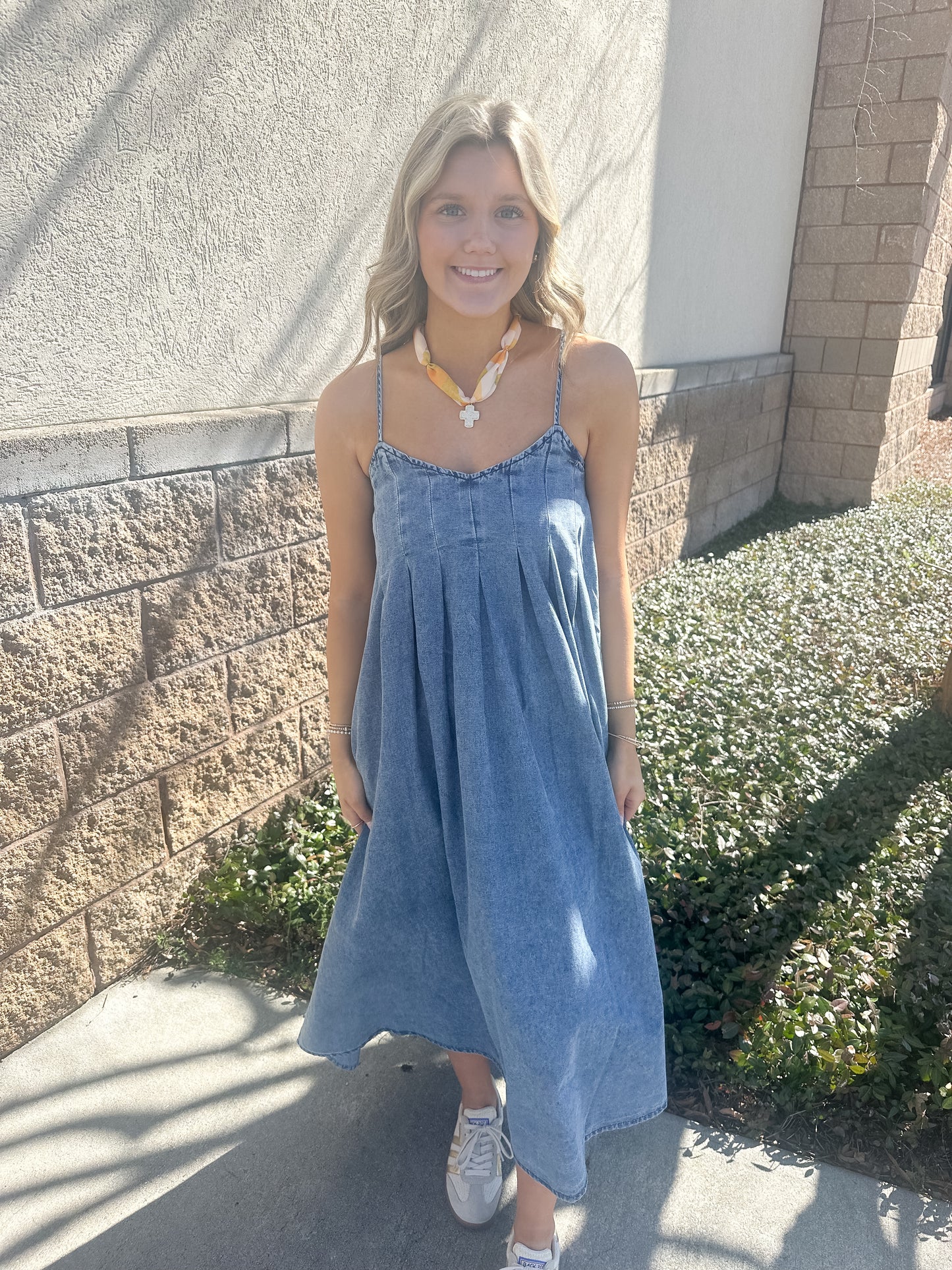Blue Ridge Denim Pleated Midi Dress