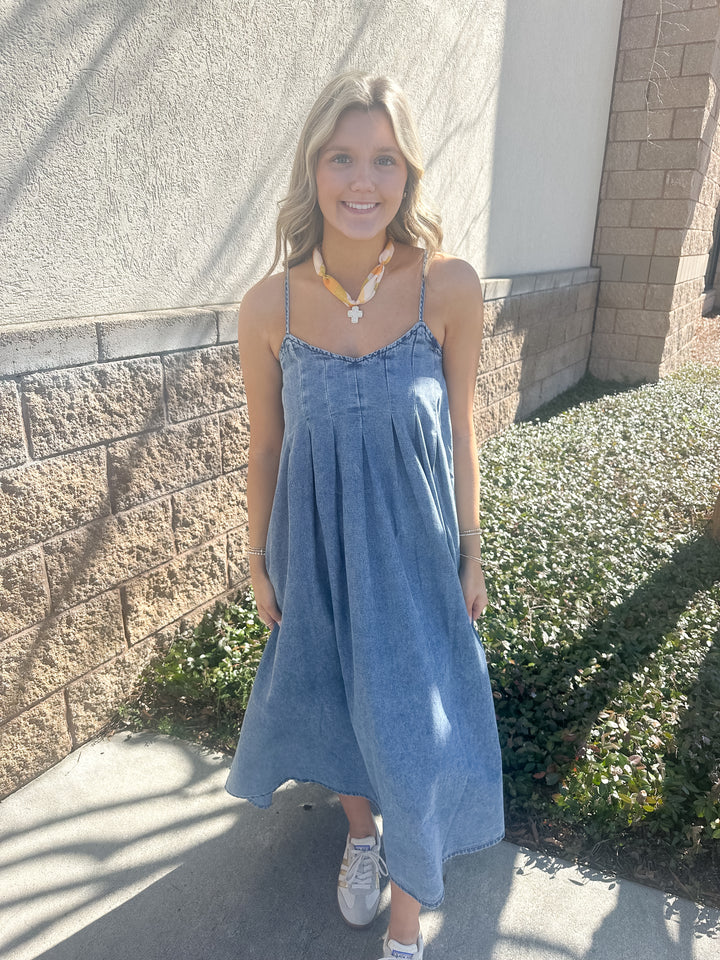 Blue Ridge Denim Pleated Midi Dress