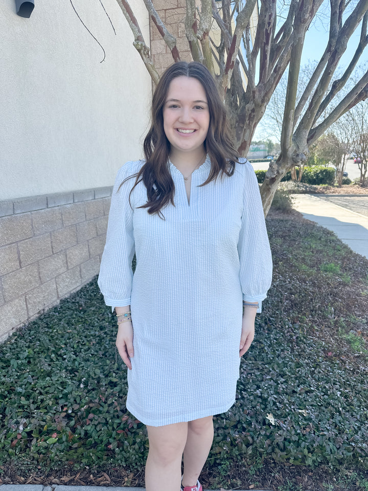 Lainey Seersucker Dress - Seafoam & White