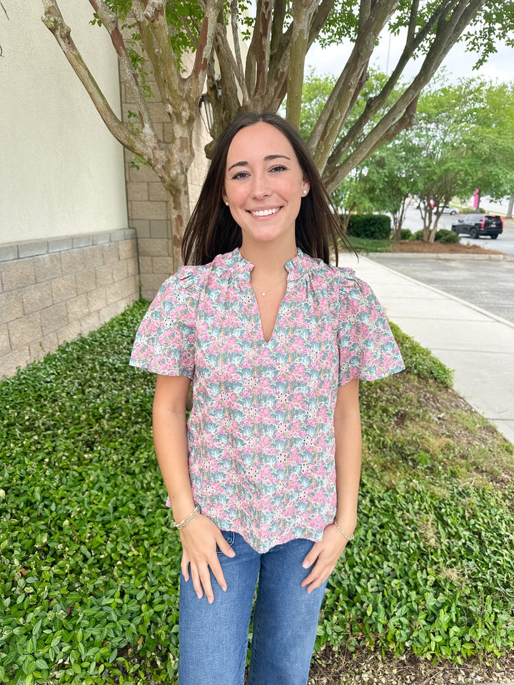 Gemalee Eyelet Mei Split Neck Top