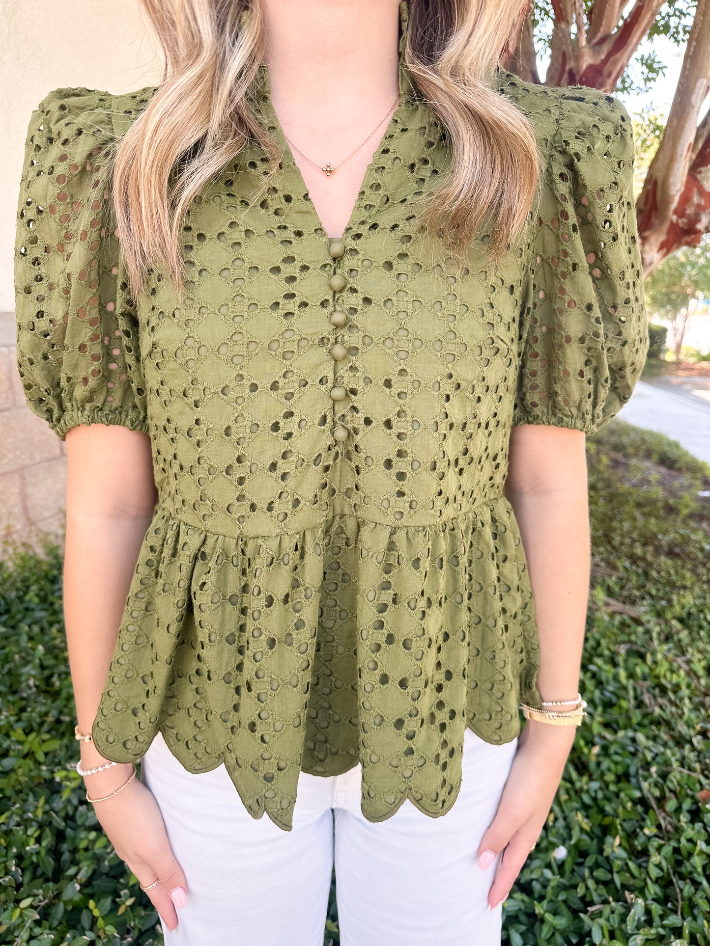 Elise Eyelet Top - Olive