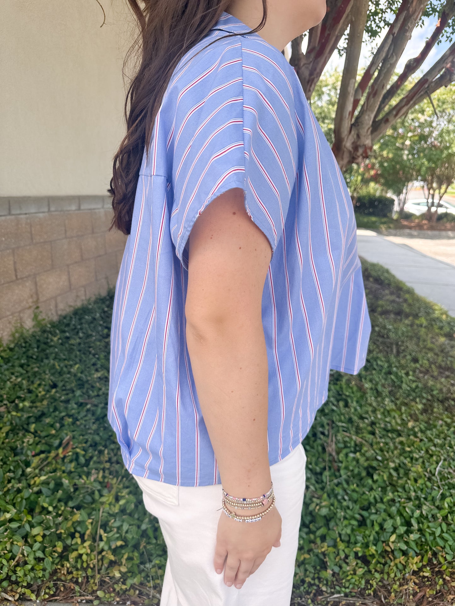 Helen Signature Collar Top - Blue & Red Stripe