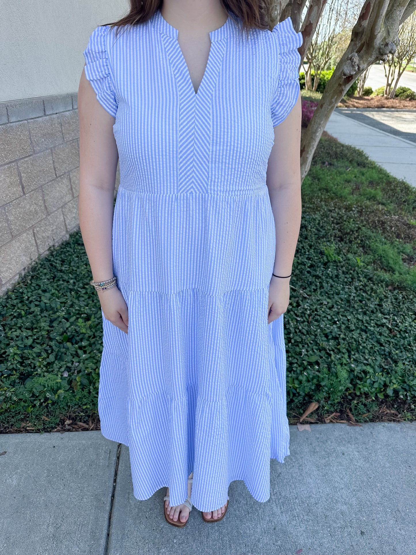 Kari Dress - Blue & White Seersucker