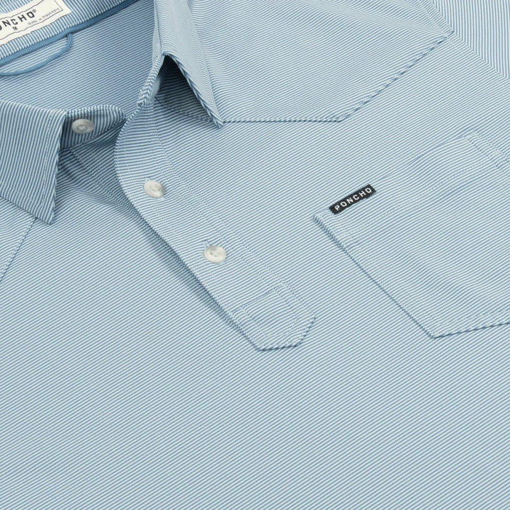 Poncho Men’s “The Wide Open” Regular Performance Polo - Blue & Washed Blue Stripe