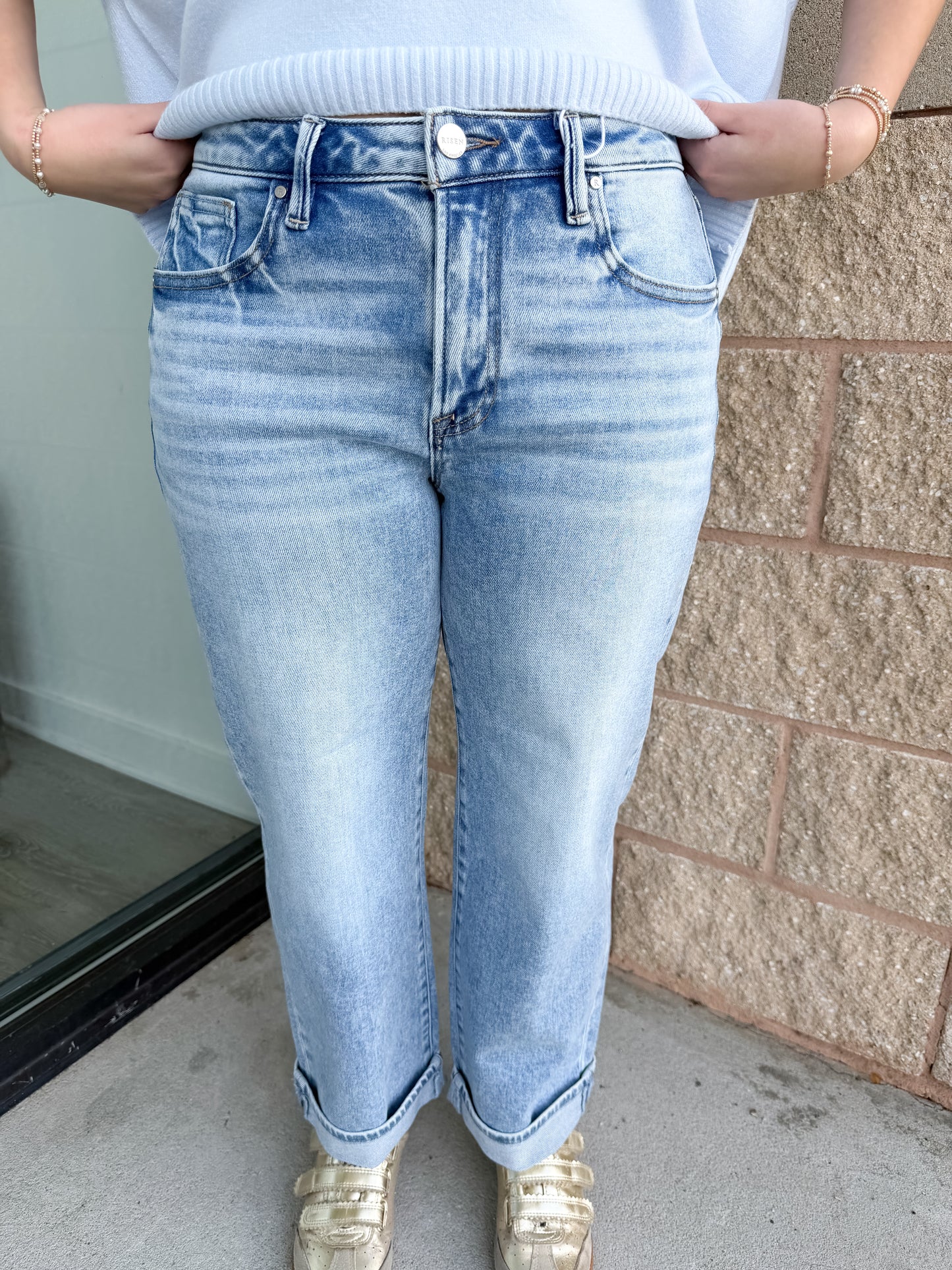 Risen Elise - Mid Rise Ankle Boyfriend Cuffed Jeans - Light