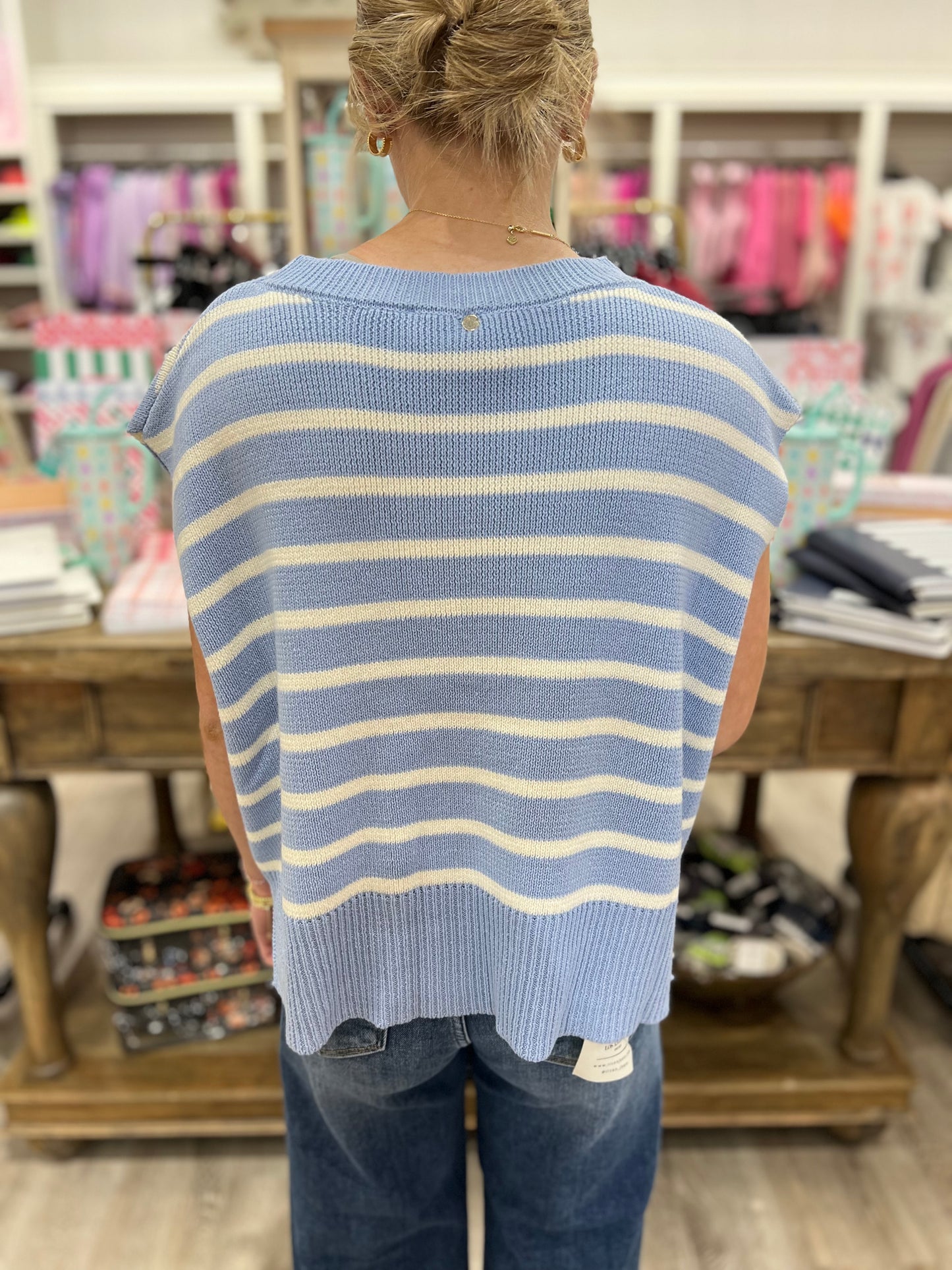 Madison Striped Sweater Vest - White/Periwinkle